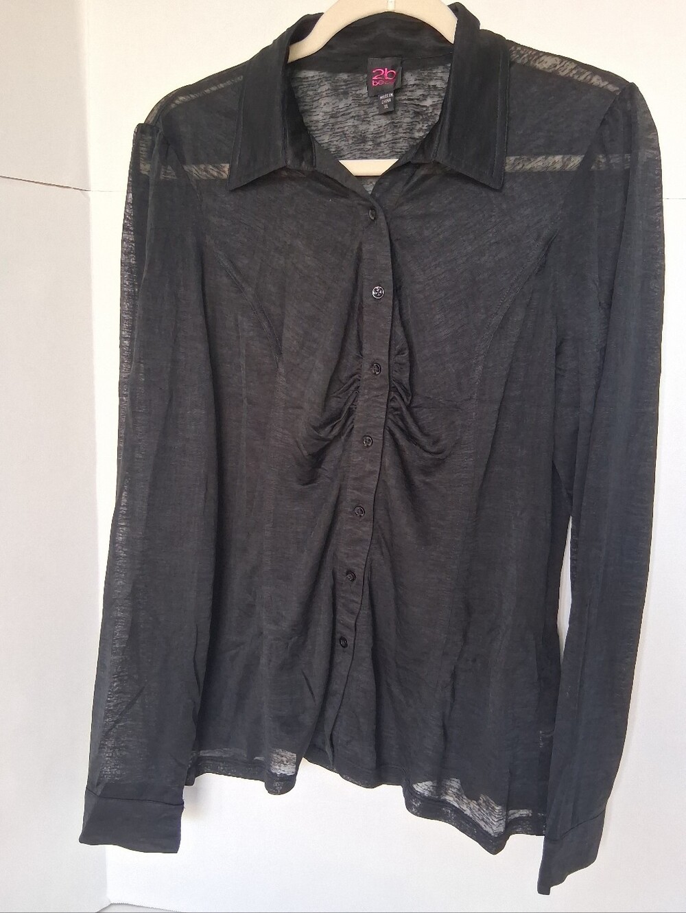 2B Bebe Black Sheer Button-Down Shirt with Gathered Front